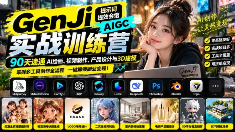 GenJi AIGC实战训练营：90天速通AI绘画、视频制作、产品设计与3D建模，掌握多工具创作全流程-大伟资源网