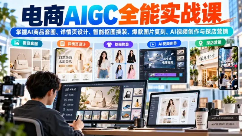 电商AIGC全能实战课：掌握AI商品套图、详情页设计、智能抠图换装、爆款图片复刻、AI视频创作与探店营销-大伟资源网