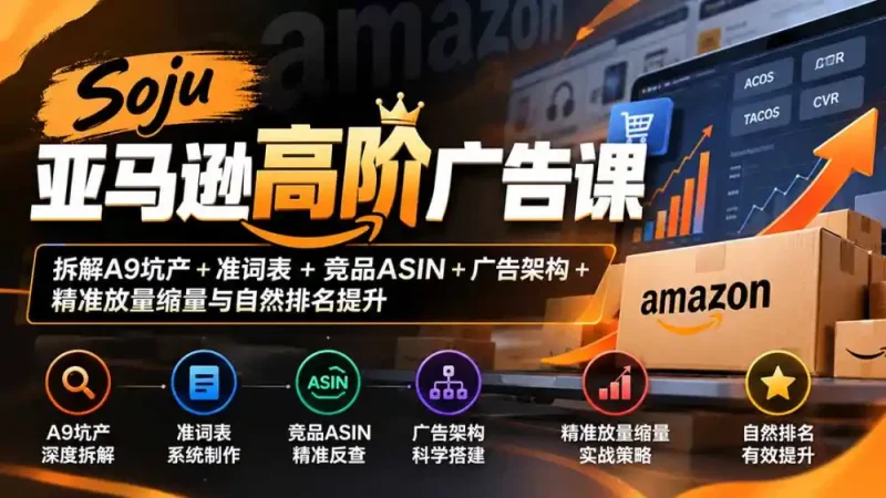 Soju亚马逊高阶广告课：拆解A9坑产+准词表+竞品ASIN+广告架构+精准放量缩量与自然排名提升-大伟资源网