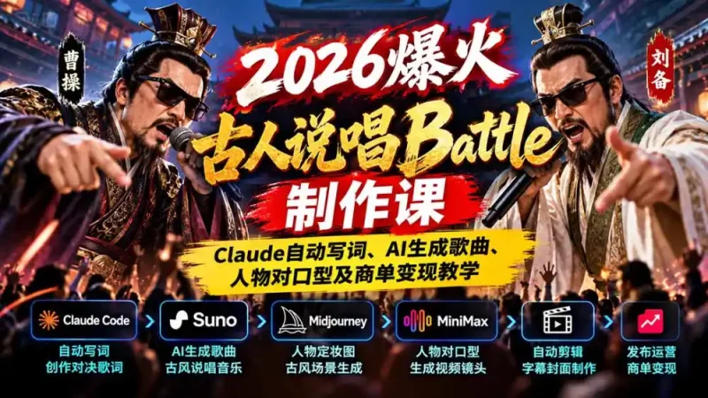 2026爆火古人说唱Battle制作课：Claude自动写词、AI生成歌曲、人物对口型及商单变现教学-大伟资源网