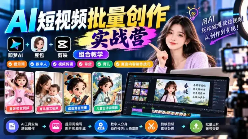 【无水印】AI短视频批量创作实战营：即梦+豆包+剪映组合教学，提示词/数字人/视频剪辑/带货/育儿/寓言内容制作技巧-大伟资源网