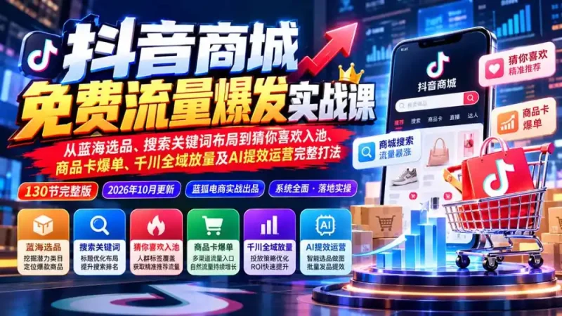 抖音商城免费流量爆发实战：从蓝海选品、搜索关键词布局到猜你喜欢入池、商品卡爆单、千川全域放量及AI提效完整打法-大伟资源网