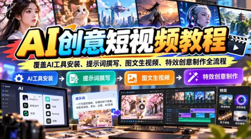AI创意短视频教程，覆盖AI工具安装、提示词撰写、图文生视频、特效创意制作全流程-大伟资源网