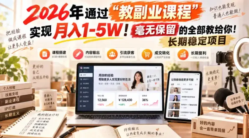 2026年通过“教副业课程”实现月入1-5W！毫无保留的全部教给你！长期稳定项目-大伟资源网