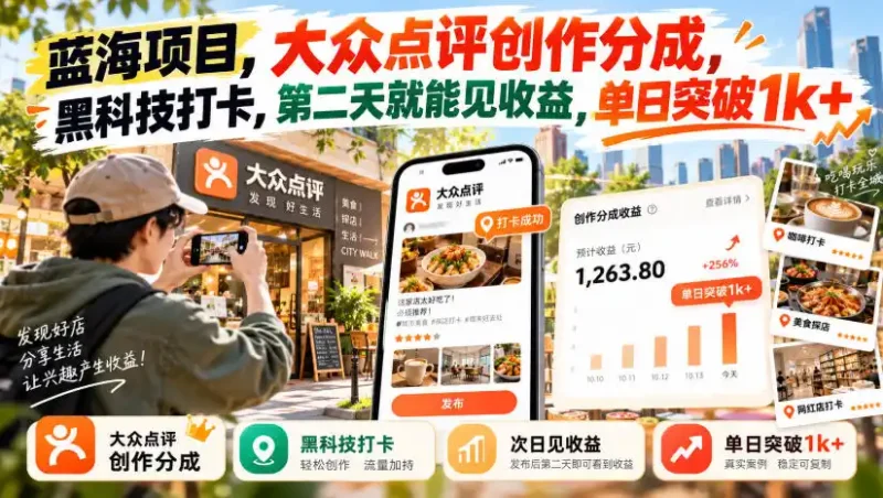 蓝海项目，大众点评创作分成，黑科技打卡，第二天就能见收益，单日突破1k+【揭秘】-大伟资源网