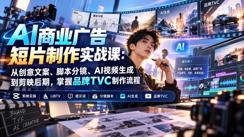 AI商业广告短片制作实战课：从创意文案、脚本分镜、AI视频生成到剪映后期，掌握品牌TVC制作流程-大伟资源网