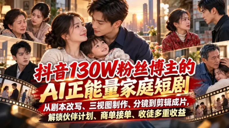 抖音130W粉丝博主的AI正能量家庭短剧，从剧本改写、三视图制作、分镜到剪辑成片，解锁伙伴计划、商单接单、收徒多重收益(更新1007)-大伟资源网