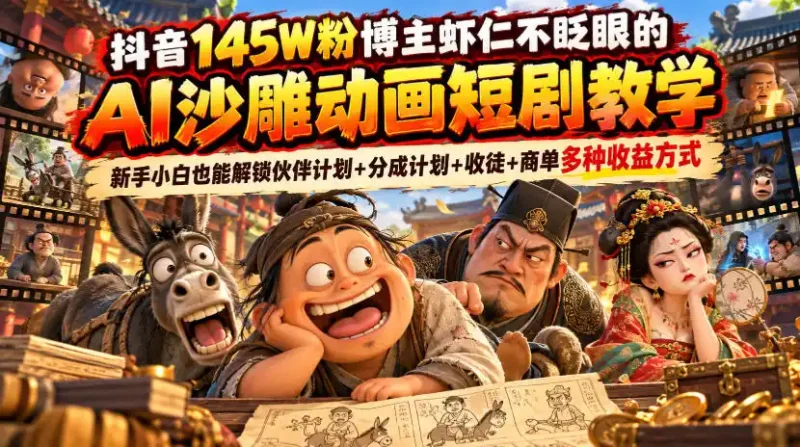 抖音145W粉博主虾仁不眨眼的AI沙雕动画短剧教学，新手小白也能解锁伙伴计划+分成计划+收徒+商单多种收益方式-大伟资源网