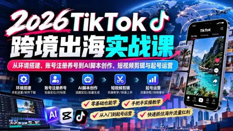 2026TikTok跨境出海实战课：从环境搭建、账号注册养号到AI脚本创作、短视频剪辑与起号运营-大伟资源网