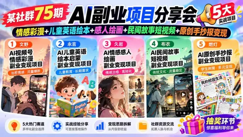 某社群75期AI副业项目分享会：情感彩漫+儿童英语绘本+感人绘画+民间故事短视频+原创手抄报变现-大伟资源网