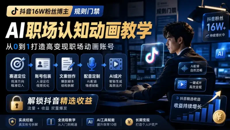 抖音16W粉丝博主规则门禁的AI职场认知动画教学，从赛道定位、账号包装，到文案创作、配音定制、AI成片，解锁抖音精选收益-大伟资源网