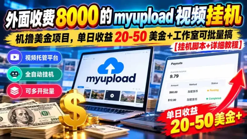 外面收费8000的myupload视频挂机撸美金项目，单日收益20-50美金+工作室可批量搞【挂机脚本+详细-大伟资源网