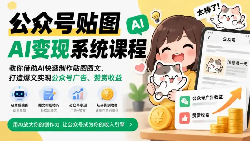 公众号贴图AI变现系统课程｜教你借助AI快速制作贴图图文，打造爆文实现公众号广告、赞赏收益-大伟资源网