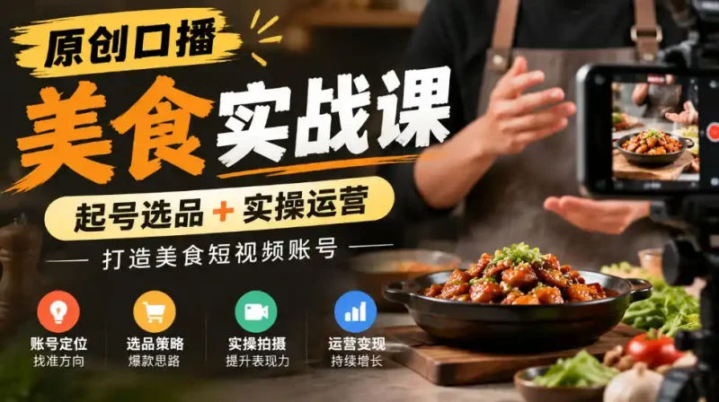 原创口播美食实战课，起号选品+实操运营，打造美食短视频账号-大伟资源网