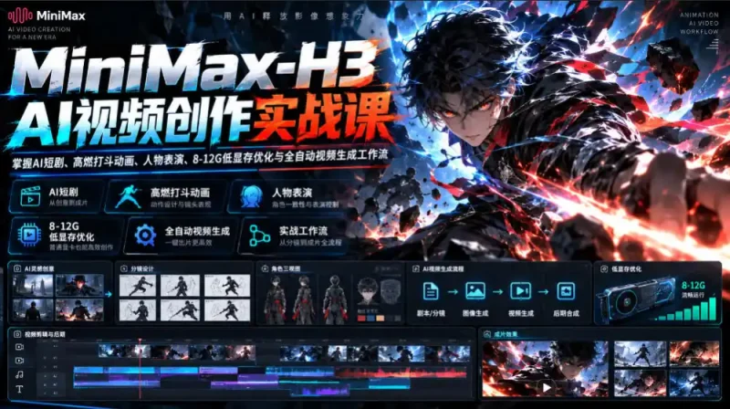 MiniMax-H3 AI视频创作实战课，掌握AI短剧、高燃打斗动画、人物表演、8-12G低显存优化与全自动视频生成工作流-大伟资源网