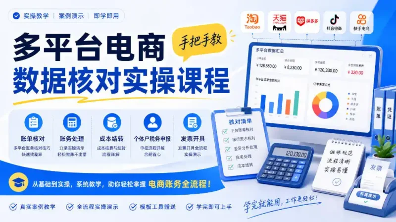 多平台电商数据核对实操课程，手把手教账单核对、账务处理、成本结转、个体户税务申报与发票开具-大伟资源网