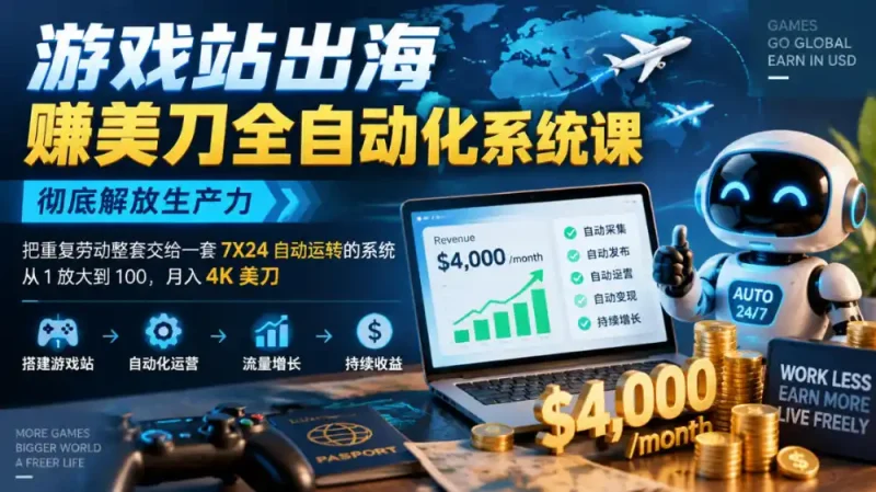游戏站出海賺美刀全自动化系统课，彻底解放生产力–把重复劳动整套交给一套7X24自动运转的系统，从1放大到100，月入4K美刀-大伟资源网