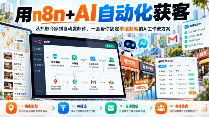 【无水印】用n8n+AI自动化获客，从抓取商家到自动发邮件，一套帮你搞定本地获客的AI工作流方案【原创双语字幕】-大伟资源网