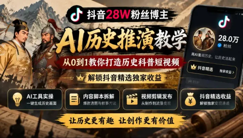 抖音28W粉丝博主的AI历史推演教学，从0到1教你打造历史科普短视频，解锁抖音精选独家收益-大伟资源网