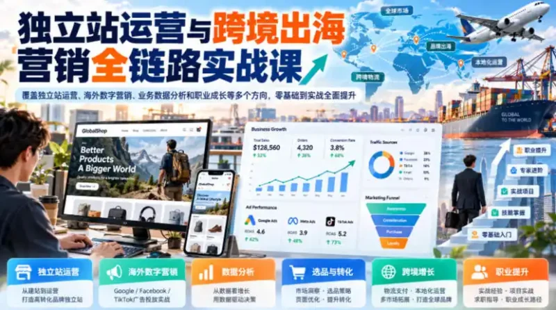 独立站运营与跨境出海营销全链路实战课，覆盖独立站运营、海外数字营销、业务数据分析和职业成长等多个方向，零基础到实战全面提升-大伟资源网