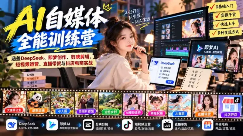 【无水印】AI+自媒体全能训练营：涵盖DeepSeek、即梦创作、剪映剪辑、短视频运营、直播带货与抖店电商实战-大伟资源网