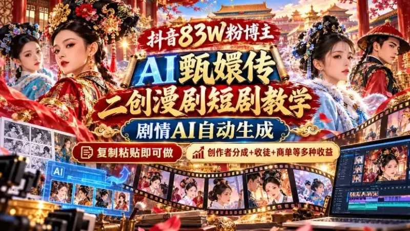 抖音83W粉博主AI甄嬛传二创漫剧短剧教学｜剧情AI自动生成，复制粘贴即可做，各大平台创作者分成+收徒等多种收益-大伟资源网