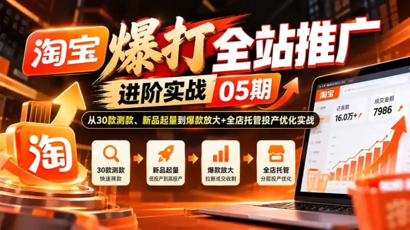 淘宝爆打全站推广进阶实战05期：从30款测款、新品起量到爆款放大+全店托管投产优化实战-大伟资源网
