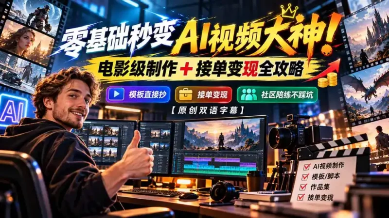 零基础秒变AI视频大神！电影级制作 + 接单变现全攻略，模板直接抄，社区陪练不踩坑【原创双语字幕】-大伟资源网