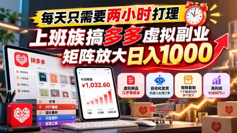 每天只需要两小时打理，上班族搞多多虚拟副业，矩阵放大日入 1000-大伟资源网