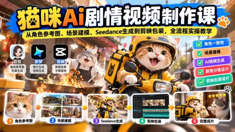 猫咪AI剧情视频制作课：从角色参考图、场景建模、Seedance生成到剪映包装，全流程实操教学-大伟资源网