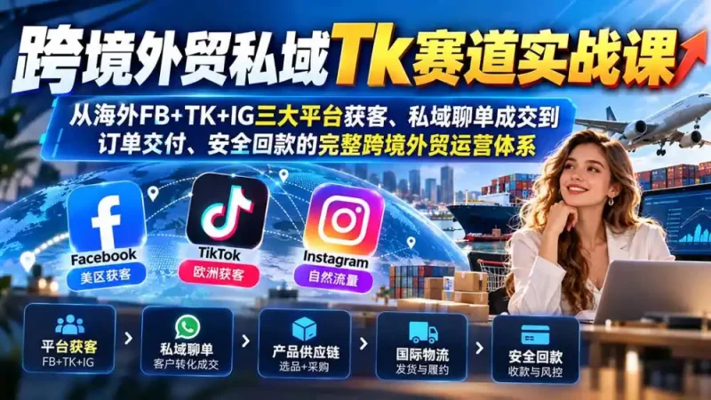 跨境外贸私域Tk赛道实战课：从海外FB+TK+IG三大平台获客、私域聊单成交到订单交付、安全回款的完整跨境外贸运营体系-大伟资源网