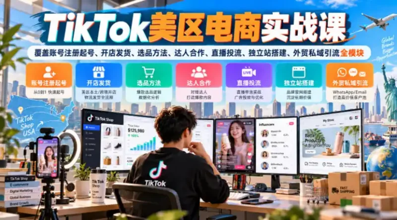 TikTok美区电商实战课，覆盖账号注册起号、开店发货、选品方法、达人合作、直播投流、独立站搭建、外贸私域引流全模块-大伟资源网