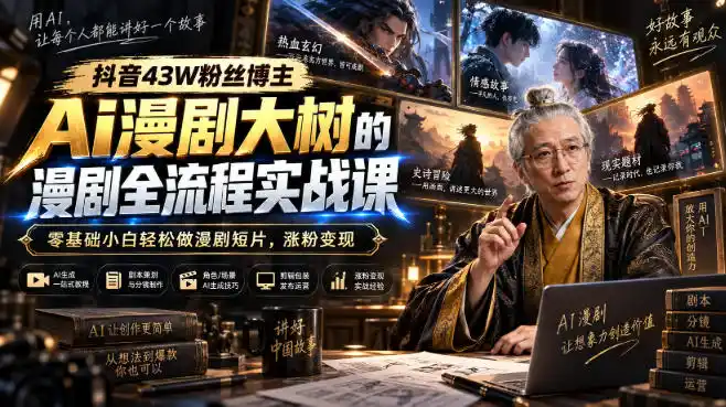 抖音43W粉丝博主Ai漫剧大树的漫剧制作全流程实战课，零基础小白轻松做漫剧短片，涨粉变现(更新1027)-大伟资源网