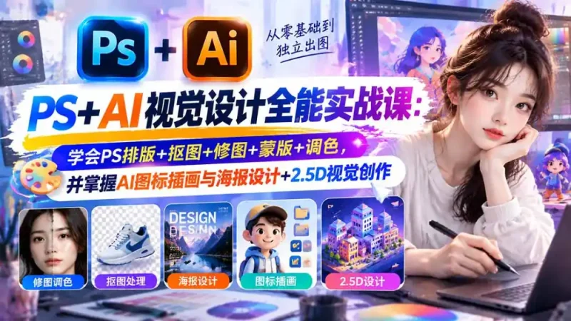 【无水印】PS+AI视觉设计全能实战课：学会PS排版+抠图+修图+蒙版+调色，并掌握AI图标插画与海报设计+2.5D视觉创作-大伟资源网