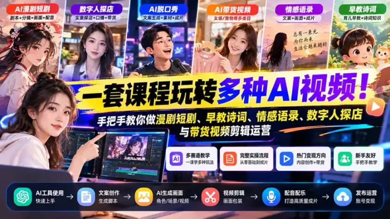 【无水印】一套课程玩转多种AI视频！手把手教你做漫剧短剧、早教诗词、情感语录、数字人探店与带货视频剪辑运营-大伟资源网