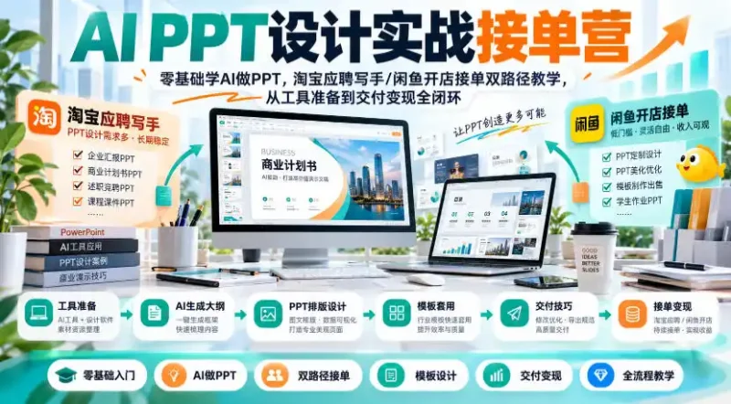 AI PPT设计实战接单营｜零基础学AI做PPT，淘宝应聘写手/闲鱼开店接单双路径教学，从工具准备到交付变现全闭环-大伟资源网