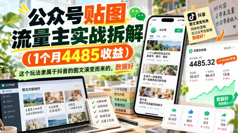 公众号贴图流量主实战拆解(1个月4485收益)，这个玩法隶属于抖音的图文演变而来的，数据好-大伟资源网
