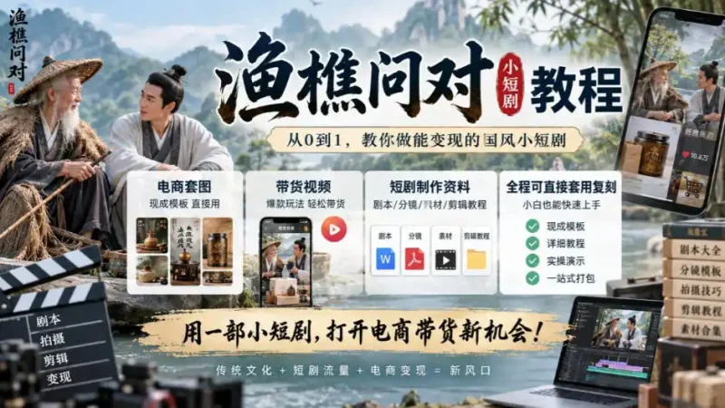 渔樵问对小短剧教程，包含电商套图、带货视频，短剧制作资料，全程可直接套用复刻-大伟资源网