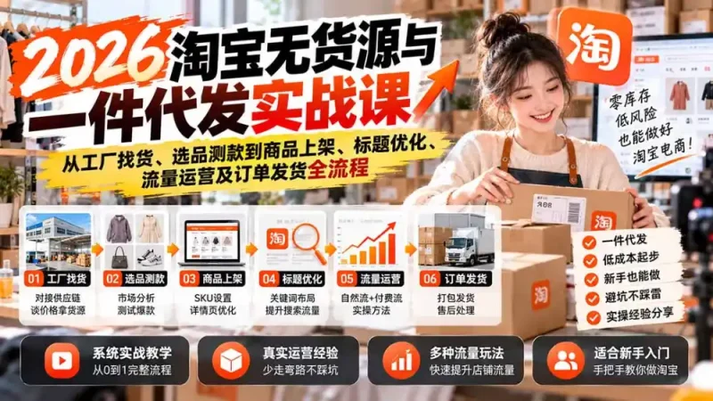 2026淘宝无货源与一件代发实战课：从工厂找货、选品测款到商品上架、标题优化、流量运营及订单发货全流程-大伟资源网