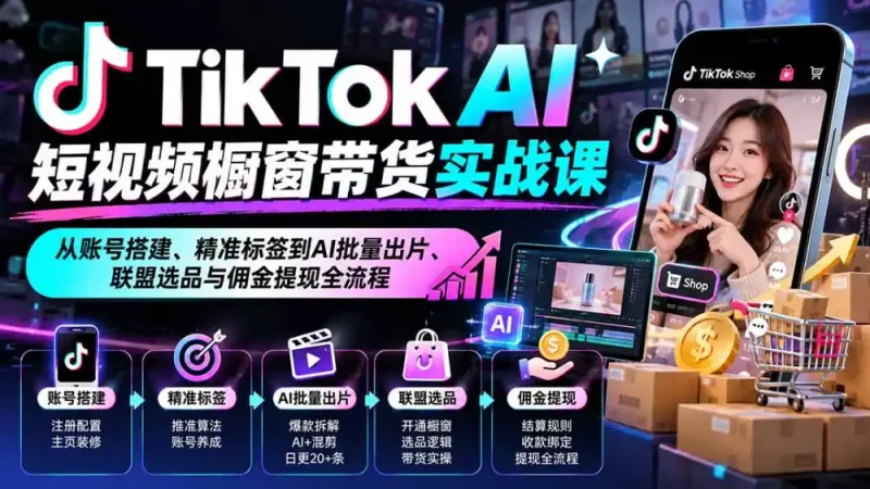 TikTok AI短视频橱窗带货实战课：从账号搭建、精准标签到AI批量出片、联盟选品与佣金提现全流程-大伟资源网