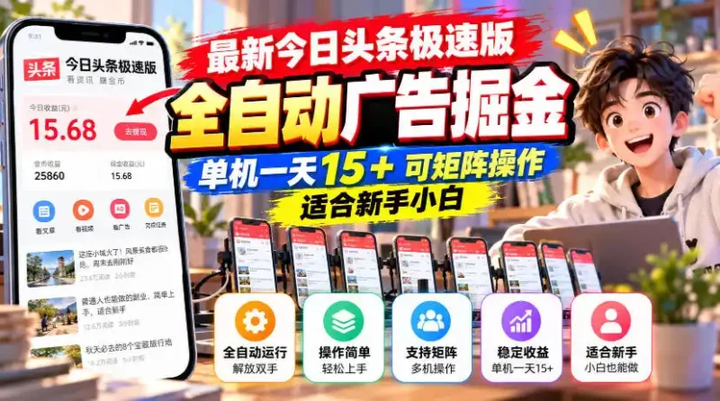 最新今日头条极速版全自动广告掘金，单机一天15+可矩阵操作适合新手小白-大伟资源网