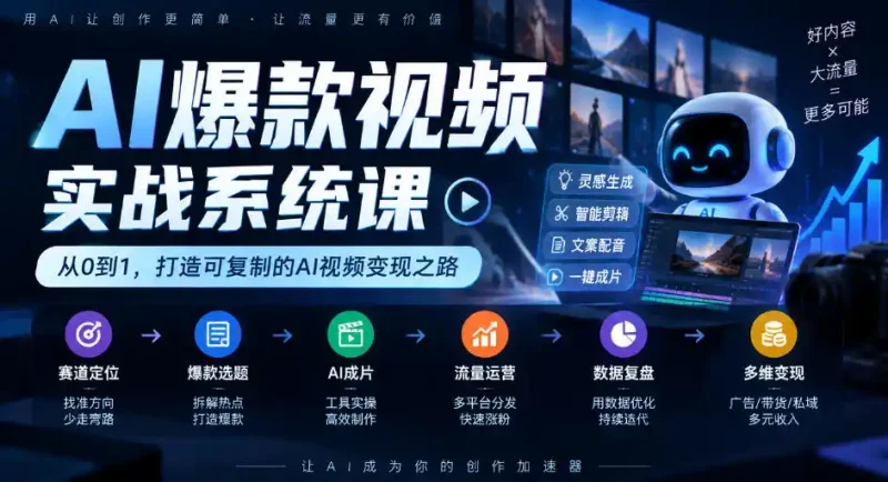 AI爆款视频实战系统课｜赛道定位、爆款选题、AI成片、流量运营、数据复盘、多维变现全链路教学-大伟资源网
