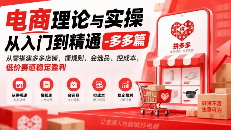 电商理论与实操从入门到精通-多多篇，从零搭建多多店铺，懂规则、会选品、控成本，低价赛道稳定盈利-大伟资源网