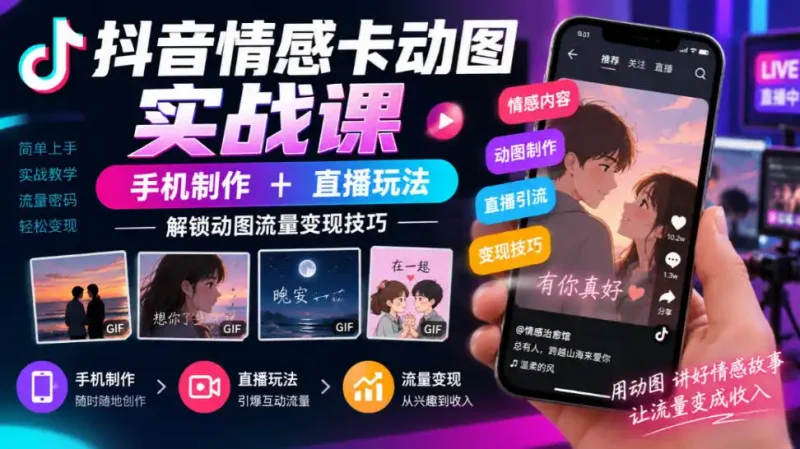 抖音情感卡动图实战课｜手机制作+直播玩法，解锁动图流量变现技巧-大伟资源网