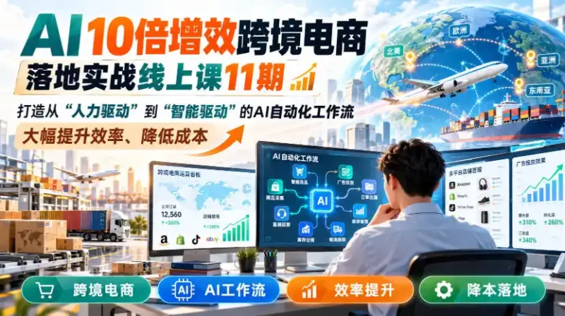AI 10倍增效跨境电商落地实战线上课11期，打造从人力驱动到智能驱动的AI自动化工作流，大幅提升效率、降低成本-大伟资源网