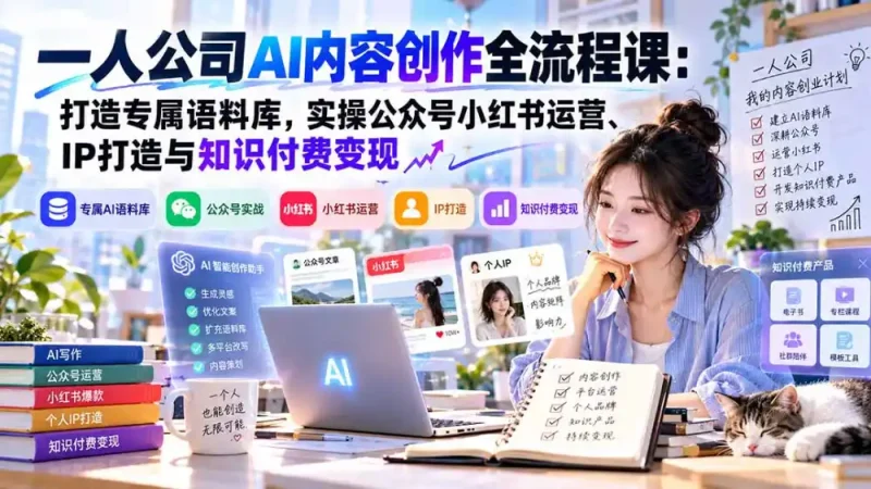 一人公司AI内容创作全流程课：打造专属语料库，实操公众号小红书运营、IP打造与知识付费变现方法论-大伟资源网