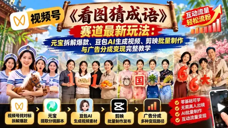视频号《看图猜成语》赛道最新玩法：元宝拆解爆款、豆包AI生成视频、剪映批量制作与广告分成变现完整教学-大伟资源网