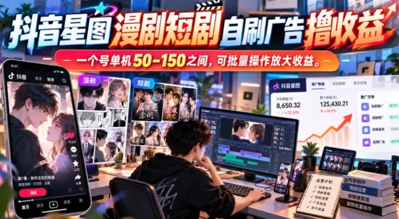 抖音星图漫剧短剧自刷广告撸收益，一个号单机50-150之间，可批量操作放大收益-大伟资源网