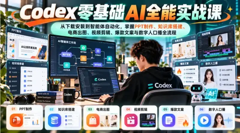 Codex零基础AI全能实战课：从下载安装到智能体自动化，掌握知识库搭建、电商出图、视频剪辑、爆款文案与数字人口播全流程-大伟资源网