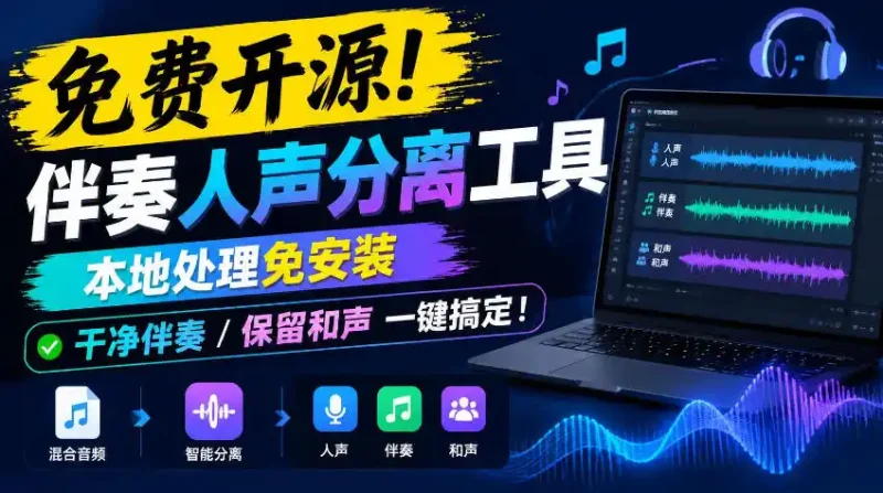 免费开源！伴奏人声分离工具，本地处理免安装，干净伴奏，保留和声一键搞定！-大伟资源网